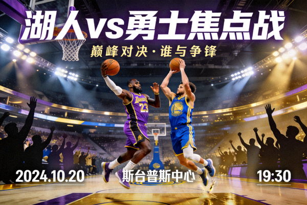 NBA焦点战预告海报，展示湖人队与勇士队球星对决精彩瞬间